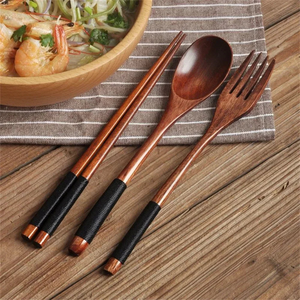 Wooden Handle Cutlery Set - 3 Piece (Reusable Stainless Steel Tableware)