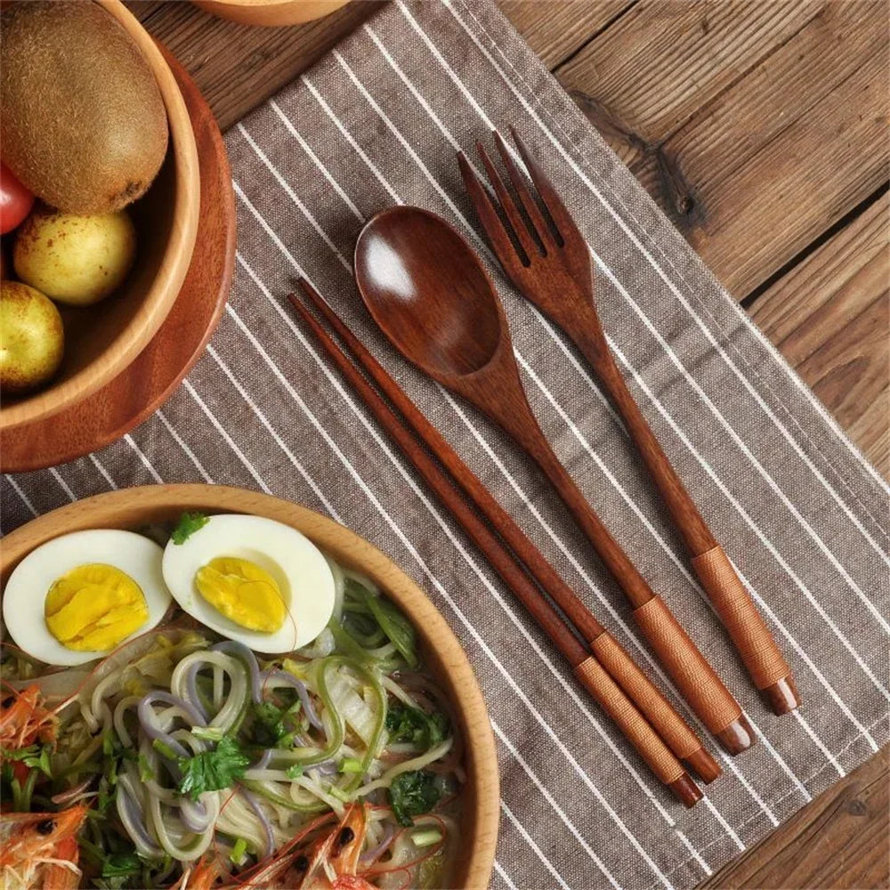 Wooden Handle Cutlery Set - 3 Piece (Reusable Stainless Steel Tableware)